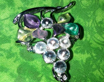 Vintage 1960's White Rhinestone Brooch, Grape Cluster Brooch, Pin With Purple, Pink, Yellow and Green Leaves