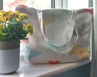 Handmade Butterfly Lined Tote Bag - with internal pocket, zip and key chain latch