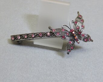 Vintage, Silvery Filigree Butterfly and Rhinestone Hair Barrette