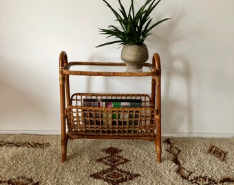 Mid Century newspaper stand side table made of bamboo with a glass plate