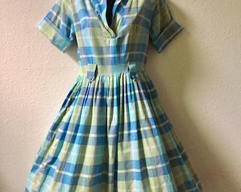 1950s dress, medium vintage dress, blue green silver plaid dress, shirtwaist dress, pinup, rockabilly dress, 50s dress, full skirt, VLV