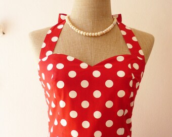 Red Summer Dress Red Sundress Red Party Dress Polka Dot Dress Vintage Dress Dot Pin Up Dress Minnie Micker Swing Dance Dress Halter or Strap