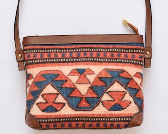 Kilim Bag-049 Tribal Bag Rug Carpet Leather Foldover Clutch Bag Bohemian Boho Bag Hippie Ethnic Aztec Authentic bag Southwestern bag