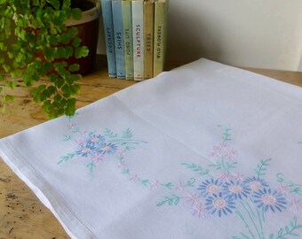 Vintage Linen Tablecloth Hand Embroidered with PastelFlowers 83x89cm