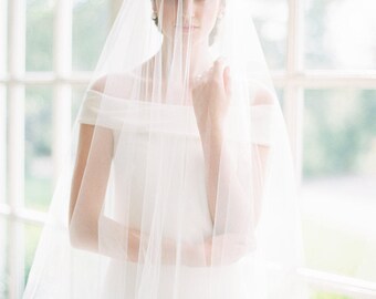wedding veil, tulle veil, fingertip length bridal veil, veil with blusher, drop veil, circle veil, simple veil, ivory tulle veil - JENNY