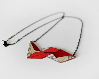 Geometric Necklace, unique shrink plastic necklace, metal chain jewelry, nickel free, bright red and cream jewellery