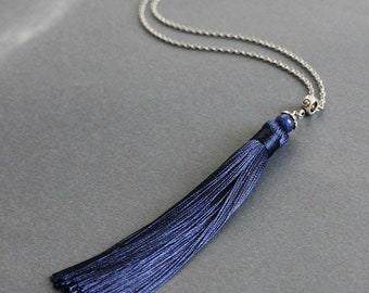 Blue Agate Tassel Necklace Silver Blue Tassel Necklace Blue Tassel Pendant Long Tassel Pendant Boho Necklace Boho Jewelry Fashion Tassel