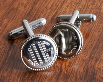 Personalized Round Beaded Cufflinks for Groomsmen - Silver Round Beaded Cufflinks - Monogrammed Cufflinks - Gift for Him - GC202