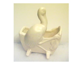 White Pottery Stork on Cradle Planter Vase - Baby Gift