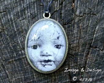 Baby Doll Photo Necklace - Broken Babydoll Photo Glass Dome Pendant Necklace by Ugly Shyla - Creepy Doll - old doll - retro