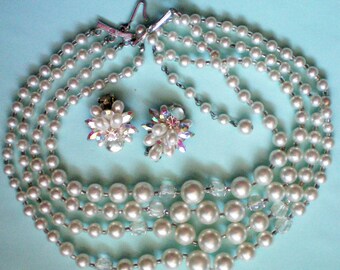 Four Strand Faux Pearl Necklace with Clip Earrings - 2843