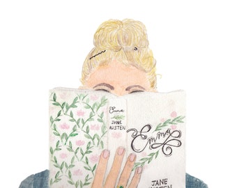 Girl Reading Emma by Jane Austen Watercolor Painting Bookworm Bibliophile Book Art