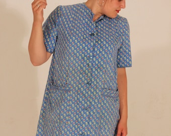 Large Vintage Dress Large Dress Shirt Dress Button Down Dress Floral Dress Large Floral Dress Summer Dress Pockets Dress Blue Dress