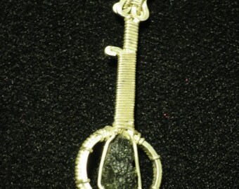 Moldavite banjo silver wire-wrapped pendant necklace