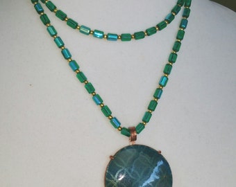 Blue Enamel in hand made copper prong setting,30" hand knotted bead necklace, Free shipping