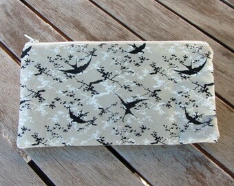 Bird pencil case, black bird pouch, zipper pouch, Pencil holder, School supplies, made in France, handmade case, for her