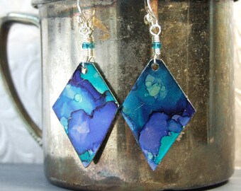 Artisan Metal Earrings Blue Dangle Earrings Teal Jewelry Hand Painted Earrings Unique Boho Earrings Gift Watercolor Diamond Shape Sterling