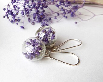 Purple flower earrings Purple earrings Purple flower jewelry Real flowers earrings Terrarium Jewelry Botanical Jewelry Gift for her