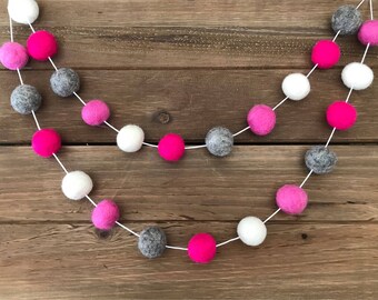 Valentine's Day #4 Felt Ball Garland- Pink, White, Grey- Party, Holiday, Mantle Decor- Pom Pom