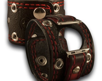 Black Apple iWatch Leather Cuff Watch Band with Eyelets, Stitching & Snaps