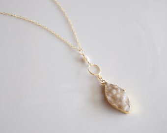 Quartz & Pearl Gold Druzy Pendant Necklace - Infinity Chain