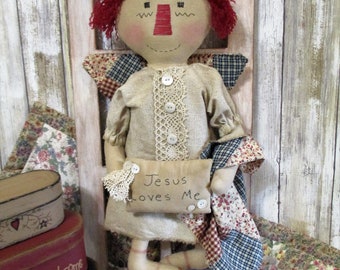 Primitive wall hanging Tattered Angel blue red blanket and wings hand stitched face w/ pillow ornie