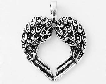 x 1 Antique silver metal heart/wing pendant antiqued 3 x 2.4 cm