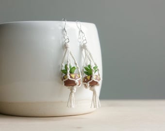 Hanging Planter Macrame Earrings - miniature succulent, wearable planter, small cactus, sterling silver earrings, mini plant pots