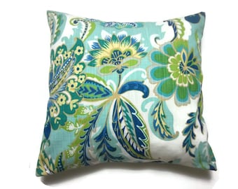 Decorative Pillow Cover Shades of Blue Green Yellow White Floral Design Same Fabric Front/Back Toss Throw Accent 18x18 inch x