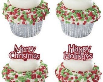 Merry Christmas & Happy Holidays Cupcake Picks - 24 count