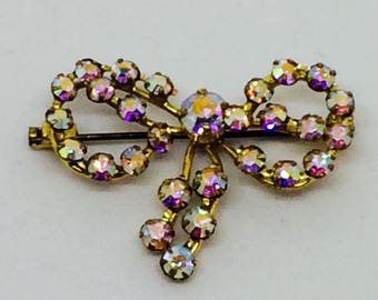 Crystal aurora borealis 1955 vintage bow brooch