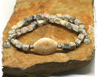 Gray Stone Necklace, Elegant Short Boho Necklace for Women, Neutral Colors Jewelry, Stone and Shell Choker Necklace, Rustic Bohemian Jewelry