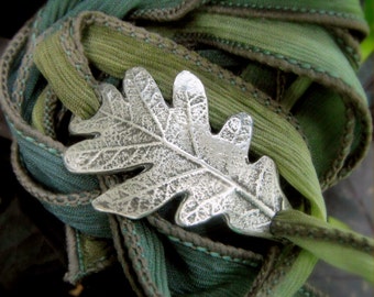 Oak Leaf Bracelet - Wrap Bracelet - Real Leaf Jewelry - Silk Ribbon Wrap - Silvan Leaf - Artisan Handcrafted Recycled Silver - Silvan Arts