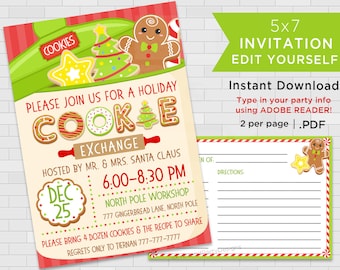 Printable Holiday Cookie Exchange Invitations, Christmas Cookie Swap Invites, Christmas Party Invitations, Edit Yourself, Instant Download