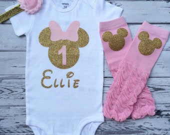 Pink And Gold Personalized Minnie Mouse 1st Birthday Outfit