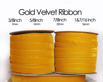 Gold Nylvalour Swiss Velvet Ribbon 3/8inch, 5/8inch, 7/8inch, 1&7/16inch golden, ochre, straw, mustard yellow nylon velvet (402)