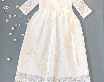 Beautiful organic cotton christening dress, lace baby girl's baptism gown, white church dress, communion girl's dress, infant baptism dress
