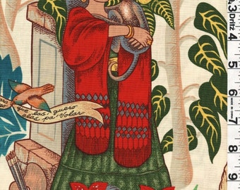 Fabric Henry FRIDA'S GARDEN natural Frida Kahlo in her greatness with Mexican Milagros symbols on natural