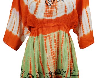 Gypsy Orange Tie Dye Tunic Dress Bikini Cover Up V-Neck Embroidered Elastic Waistline Mini Sundress S/M/L