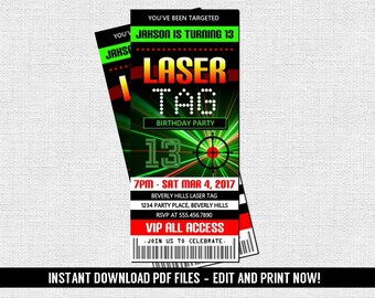Laser Tag Ticket Invitation Birthday Party (Instant Download) Editable and Printable PDF Files - Glow Lazer Tag