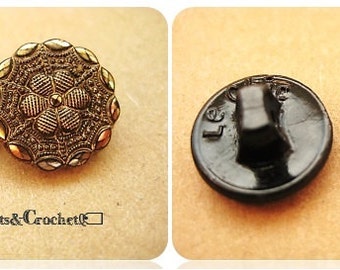 Czech Black Glass & Gold Luster Buttons (2)