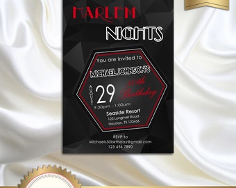 Printable Birthday Party Invitation, Harlem Nights Invitation, Red, Black, White, 21st 30th 40th 50th 60th 70th 80th 90th - Printable DIY