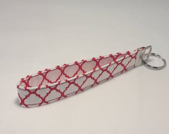 White with Red Quatrefoil Fabric Keychain / Wristlet / Key Fob