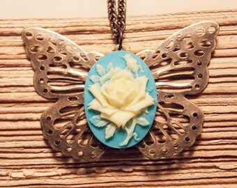 Turquoise and Bronze Butterfly Cameo Necklace