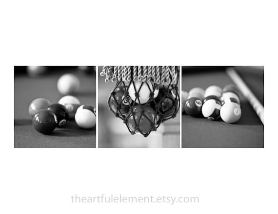 Billiards decor, Pool room decor, Game room decor, Wall art set, Black and white picture, Set of 3, Bar art, Game room / Billiards photo set