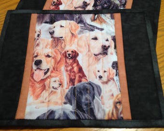 Quilted Dogs Mug Rugs, set of two mug rugs, quilted placemats, dog mug rugs in Black and Tan, candle mats