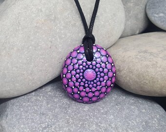 Pink Mandala Stone Necklace - Painted Rock - Hand-Painted Mandala Pendant - Paint Rock - Mandala Pendant - Chakra - Meditation - Unique