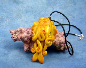 Solar Flare Cuttlefish Necklace, Bright Yellow Polymer Clay Jewelry