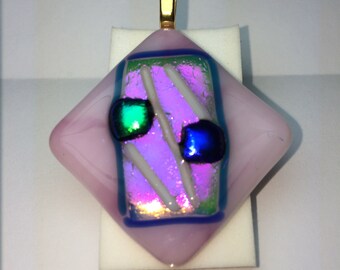 Light Pink dichroic with blue and green dichroic fused glass pendant