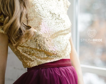 Gold Sequin top in 10 colors , Prom gold party crop top, New Year's sequined top, Bridesmaids gold blouse plus size